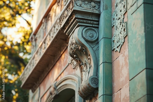 Ornate architectural detail with a scrolled corbel and decorative elements on the facade of a building, creating an artistic composition.