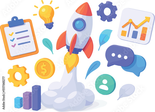 Rocket is flying through the sky with a bunch of other things around it