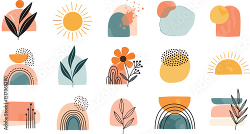 Abstract art shapes and spots. Minimalism. Vector illustrations of dots, sketch of sun, leaf, abstraction, strokes, texture, uneven lines, icons, paint strokes for banner, interior poster or design