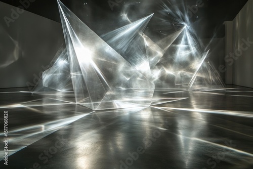 Abstract art installation featuring geometric shapes and refracted light creating an ethereal, futuristic environment in a gallery.