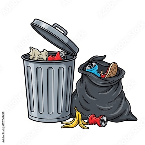 Overflowing Trash Can and Bag with Litter, Garbage and Waste