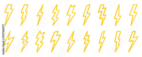 Crayon thunder doodle set. Chalk pencil lightning in sketch style. Hand drawn vector illustration isolated on white background.