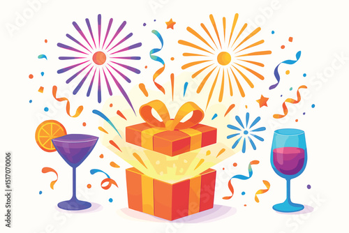 Colorful box with a red ribbon is opened to reveal a bottle of wine