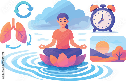 Woman is sitting on a lotus flower in a pond