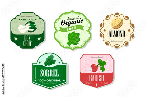 Different retro vegetables banner and labels. Packaging tags with bok choy, sorrel, almond, radish. Set of seasonal vegetables labels stickers and marks or badges template for packaging