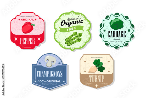 Different retro vegetables banner and labels. Packaging tags with pepper, champignons, turnip, cabbage. Set of seasonal vegetables labels stickers and marks or badges template for packaging