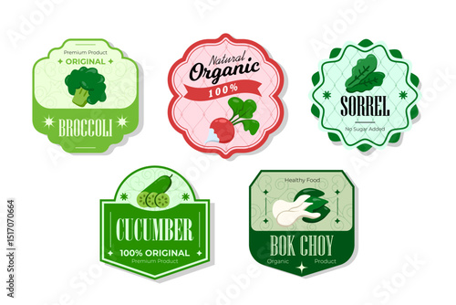 Different retro vegetables banner and labels. Packaging tags with broccoli, cucumber, bok choy, sorrel. Set of seasonal vegetables labels stickers and marks or badges template for packaging