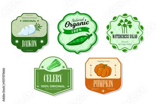 Different retro vegetables banner and labels. Packaging tags with daikon, celery, pumpkin, watercress salad. Set of seasonal vegetables labels stickers and marks or badges template for packaging