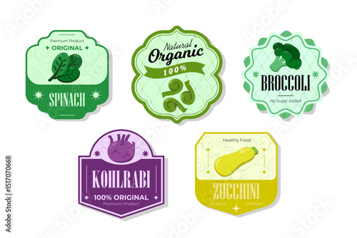 Different retro vegetables banner and labels. Packaging tags with kohlrabi, spinach, broccoli, zucchini. Set of seasonal vegetables labels stickers and marks or badges template for packaging