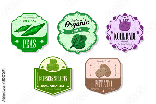 Different retro vegetables banner and labels. Packaging tags with peas, brussels sprouts, potato, kohlrabi. Set of seasonal vegetables labels stickers and marks or badges template for packaging