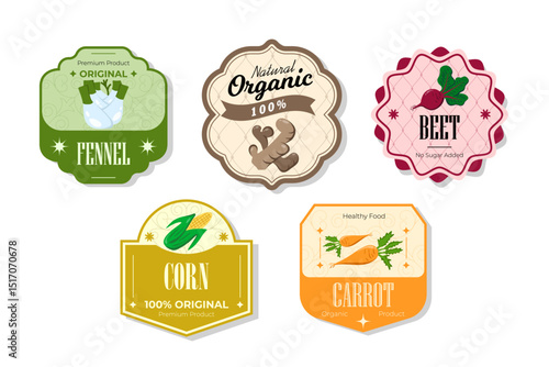 Different retro vegetables banner and labels. Packaging tags with fennel, corn, carrot, beet. Set of seasonal vegetables labels stickers and marks or badges template for packaging