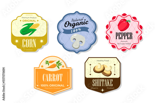 Different retro vegetables banner and labels. Packaging tags with corn, carrot, shiitake, pepper. Set of seasonal vegetables labels stickers and marks or badges template for packaging