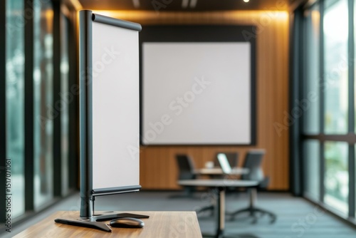  Pull-up banner mockup in modern conference room with blurred background.