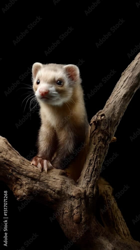 Curious ferret perched on a gnarled branch, isolated against a stark black backdrop in a studio setting, gazing upwards attentively Curious ferret perched on a gnarled branch, isolated against a stark black backdrop in a studio setting, gazing upwards attentively