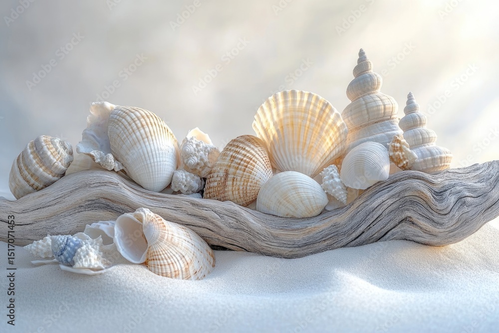 A serene display of seashells on weathered driftwood, softly lit on a sandy beach. A serene display of seashells on weathered driftwood, softly lit on a sandy beach.