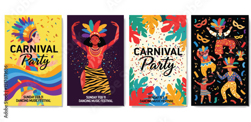 Carnival. 2025. Vector modern abstract illustration of dancing Brazilian woman at carnival in Brazil, feather background, Venetian mask, icons for poster, cover, flyer, invitation or leaflet 