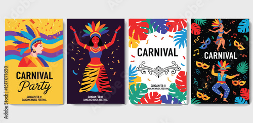 Carnival. 2025. Vector modern abstract illustration of dancing Brazilian woman at carnival in Brazil, feather background, Venetian mask, icons for poster, cover, flyer, invitation or leaflet 