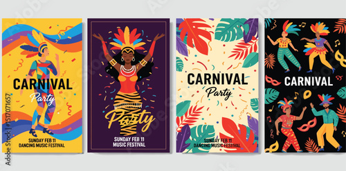 Carnival. 2025. Vector modern abstract illustration of dancing Brazilian woman at carnival in Brazil, feather background, Venetian mask, icons for poster, cover, flyer, invitation or leaflet 