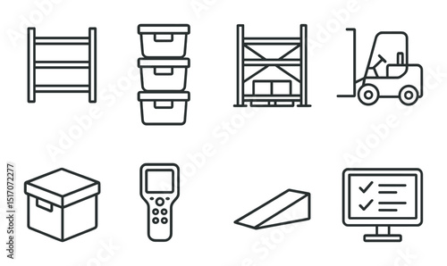 Warehouse logistics silhouette icon set. storage and inventory management symbols
