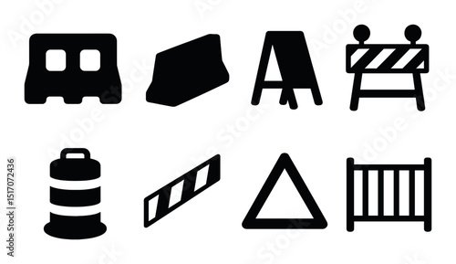 Construction silhouette icon set. road and safety barrier symbols collection