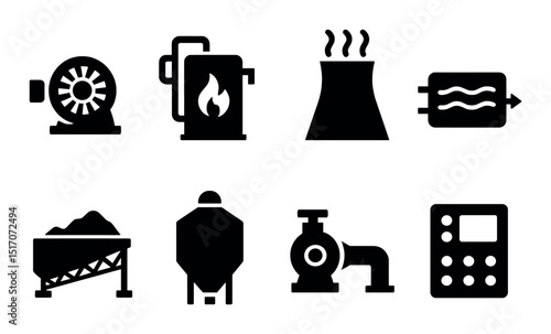 Industrial equipment silhouette icon set. machinery and factory tool symbols