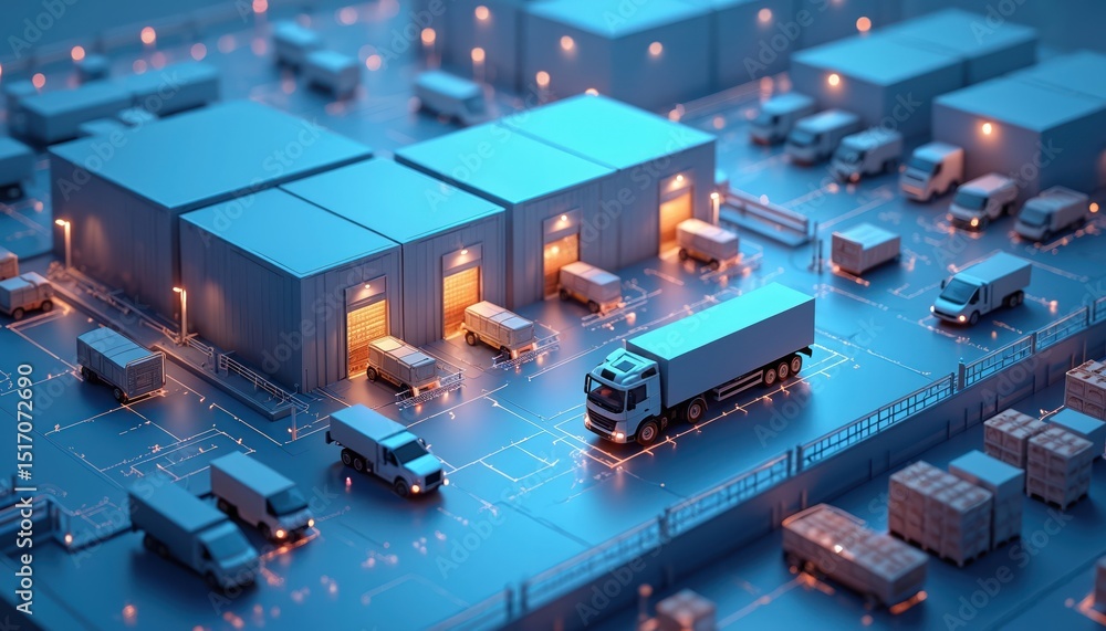 Efficient ai-driven logistic warehouse distribution center, modern shipping solutions. Illustration of automated inventory, robotic ai, smart system of transportation, seamless delivery, innovative Efficient ai-driven logistic warehouse distribution center, modern shipping solutions. Illustration of automated inventory, robotic ai, smart system of transportation, seamless delivery, innovative