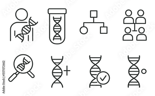 Genetics linear icon set. dna, genome, and heredity symbols for scientific use