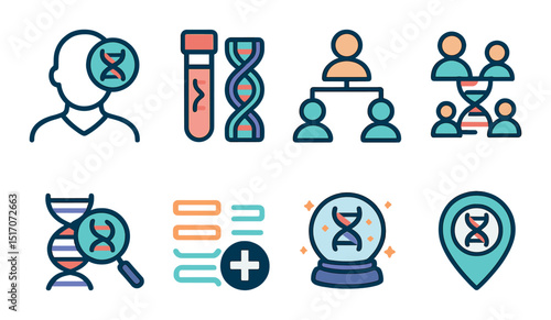 Genetic research icon set in linear style. dna, biotechnology, and science symbols