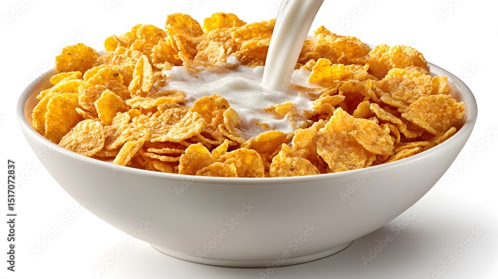 Delicious golden cornflakes cereal in a white bowl with milk pou in for a healthy breakfast. Delicious golden cornflakes cereal in a white bowl with milk pou in for a healthy breakfast.