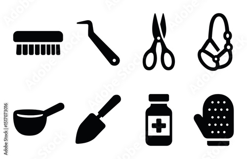 Pet grooming silhouette icon set. animal care and hygiene symbols for pet owners