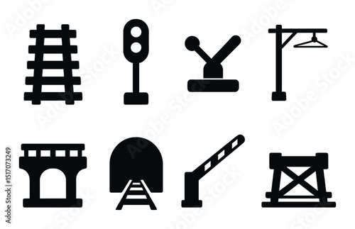 Railway transport silhouette icon set. train and transit symbols collection