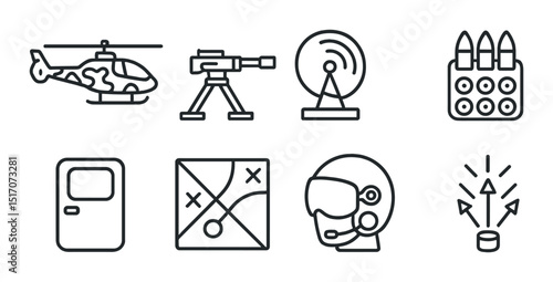 Military and defense linear icon set. warfare and security symbols collection