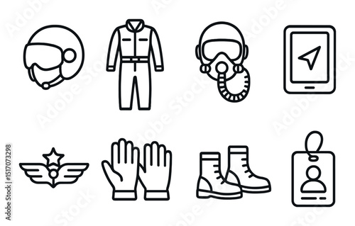 Aviation silhouette icon set. pilot gear and navigation symbols for aeronautics