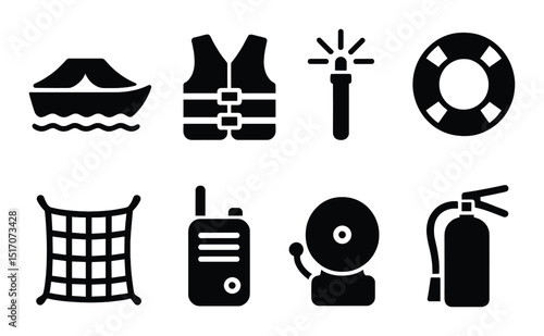 Maritime safety silhouette icon set. nautical and marine protection symbols