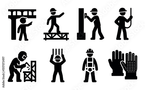 Construction worker silhouette icon set. safety, labor, builder symbols
