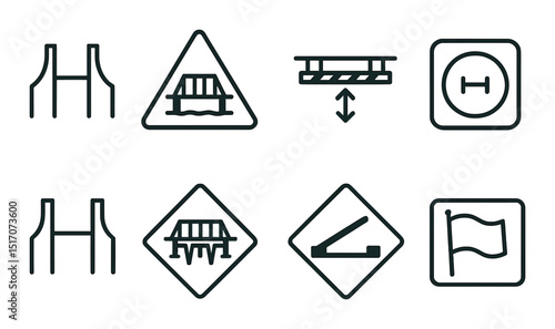 Bridge warning silhouette icon set. caution and safety signs collection