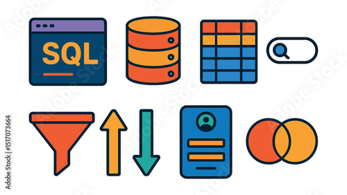 Flat vector icons of database and query tools: SQL query window, database server icon, table structure, search query bar, filter icon, sort tool, data entry form, join operation symbol.