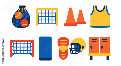 Flat vector icons of sports equipment: ball bag, net, cones, training vest, goalpost, padding, protective gear, locker room.