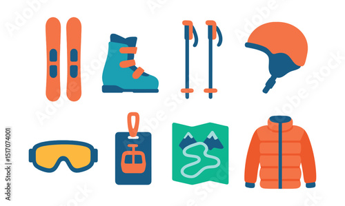 Flat vector icons of skiing gear: alpine skis, ski boots, ski poles, ski helmet, ski goggles, ski lift pass, trail map, padded jacket.