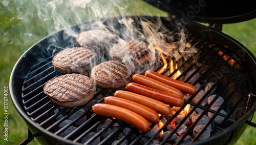 Delicious burgers and hot dogs grilling on charcoal