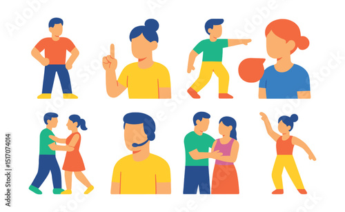 Flat vector icons of dance instructors and guidance: dance coach icon, correction gesture, instructor demo, feedback bubble, leading move, teacher headset, private lesson, technique demo.