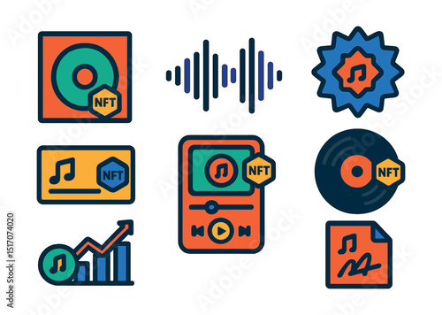 Flat vector icons of music and audio NFTs: album NFT icon, music waveform, tokenized track, exclusive drop badge, music player with NFT, vinyl-style token, royalties chart, artist-signed file.