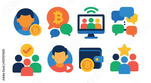 Flat vector icons of the crypto community: user with coin badge, crypto forum symbol, online meetup icon, decentralized chat, DAO group vote, crypto influencer avatar, social wallet tag, community