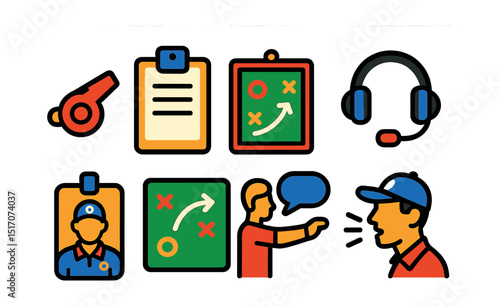 Flat vector icons of coaches and instruction: whistle, clipboard, tactic board, headset, coach badge, play diagram, instruction icon, sideline shout.