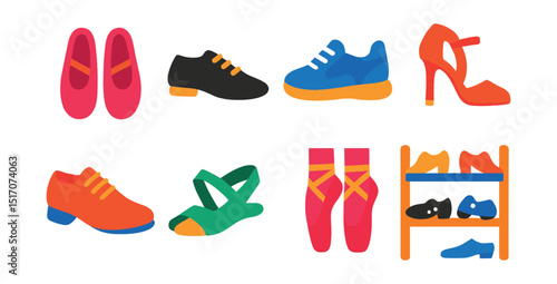 Flat vector icons of dance shoes and footwear: ballet slippers, jazz shoes, hip-hop sneakers, ballroom heels, tap shoes, modern dance footwraps, pointe shoes icon, dance shoe rack.