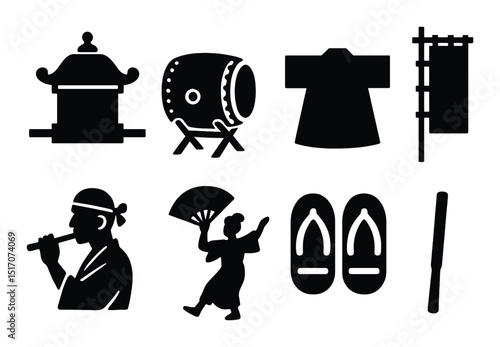Traditional japanese silhouette icon set. cultural heritage and classic symbols