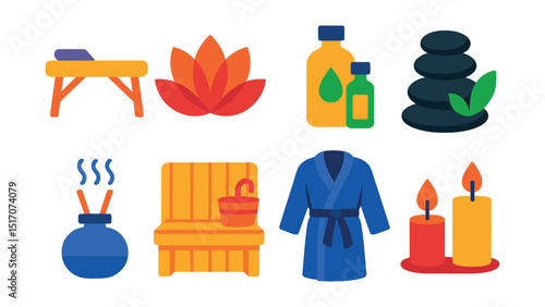 Flat vector icons of spa and wellness: massage table, lotus flower, essential oils, hot stones, aroma diffuser, sauna, bathrobe, candles.
