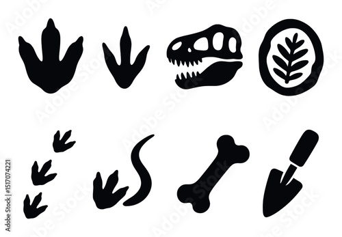 Dinosaur fossil icon set in silhouette style. paleontology and archaeology symbols