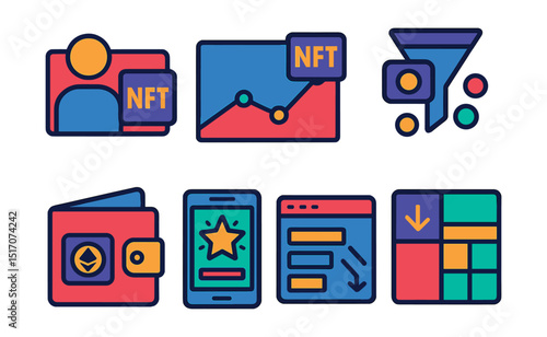 Flat vector icons of NFT portfolio and dashboards: user collection icon, portfolio value chart, rarity analyzer, token sort filter, wallet overview screen, holding history, sale history tab,