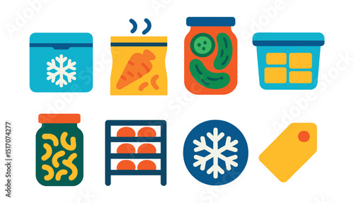 Flat vector icons of food preservation: freezer box, vacuum seal bag, pickled jar, airtight container, dry goods jar, dehydration rack, frozen icon, label tag.